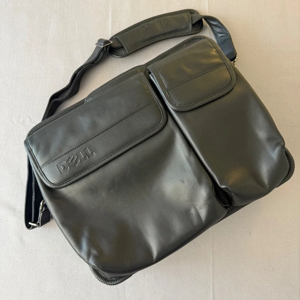 Dell Black Leather Laptop Messenger Bag Briefcase‎ Retractable handles